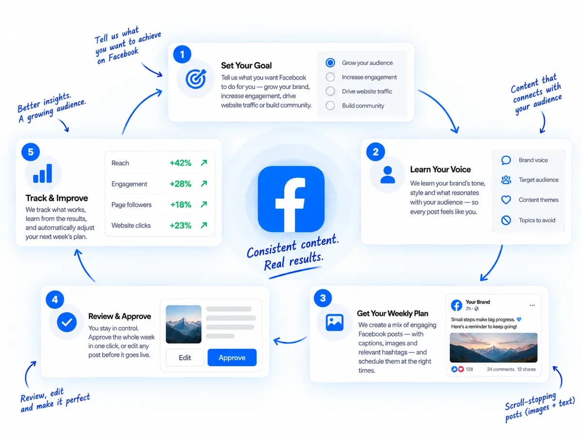 How PostMngr runs Facebook: a weekly customer-facing plan you review and approve.