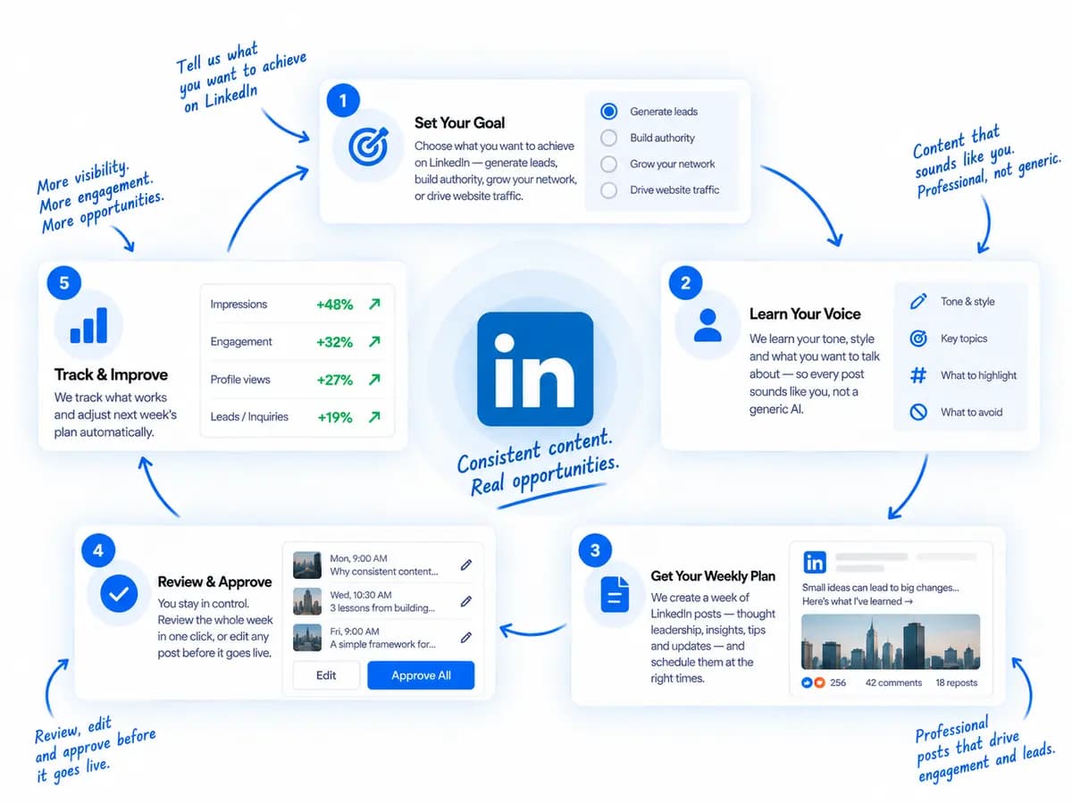 How PostMngr runs LinkedIn: set a goal, learn your voice, plan the week, approve, then improve.